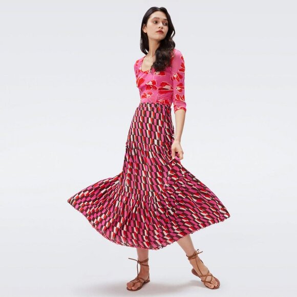 Diane von Furstenberg fully reversible Austria mesh pink tiered midaxi skirt - Picture 2 of 8
